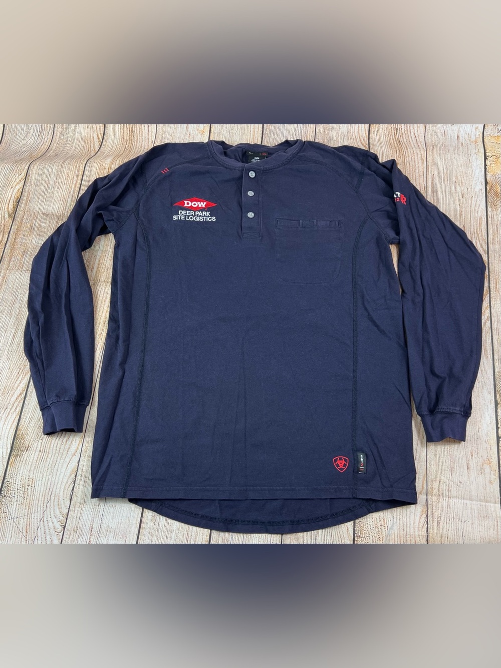 Men Ariat FR CAT 2 Fire Resistant Work Knit Henley Shirt Blue Size Medium